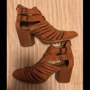 Strappy brown booties